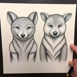 a hand is holding up a drawing of two foxes