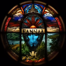 a colorful stained glass window with the word kanna on it