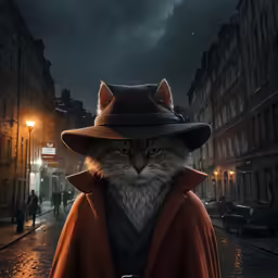 a cat in a coat with a hat and coat on
