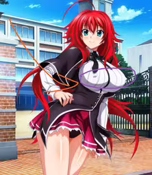 an anime character wearing short shorts and red hair,a young girl dressed in a short dress standing in front of a building