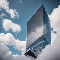 a tall building towering above the clouds in front of a blue sky
