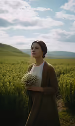a woman standing in front of an open field with flowers