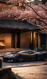 the car is parked in front of some flowers