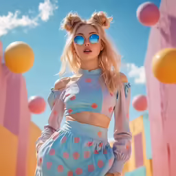 a girl wearing sunglasses in a colorful outfit