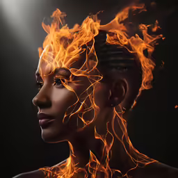 a woman with fire in her face and hair on fire