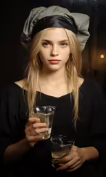 a young girl holds a small glass and a black napkin over her head