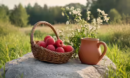 a basket full of eggs near a cup on a rock