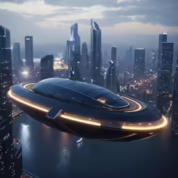 a futuristic space ship is flying over the city