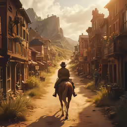 a man on a horse in a remote old town
