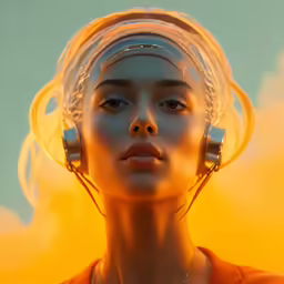 woman with headphones on in front of a yellow cloud