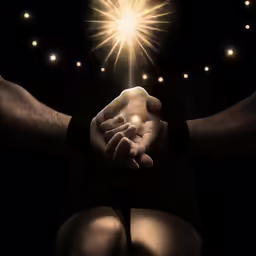 an artistic painting of a hand holding a glowing star
