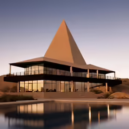 the building in front of a large pool and a sunset view