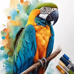 a colorful bird sits on a branch next to some watercolors