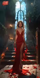 a young lady in red posing for a fashion editorial