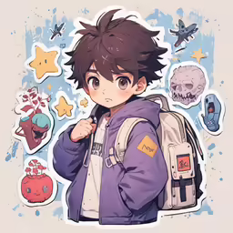 a boy in purple jacket holding a backpack and some stickers