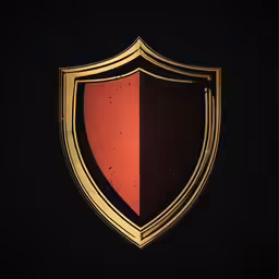a black and gold colored shield with the left side red