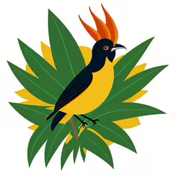 a bird with orange, black and yellow feathers standing on a branch,a yellow black and orange bird on top of a plant