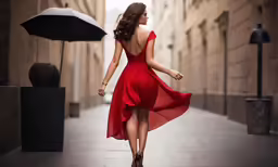 the back of a woman in a red dress with an umbrella