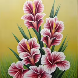 flowers painting with grass and sun and orange background,a picture of some pink flowers in a green field,a painting of three pink flowers on a yellow background,a painting of three flowered flowers in the grass,painting of three pink flowers on grass in the sunlight