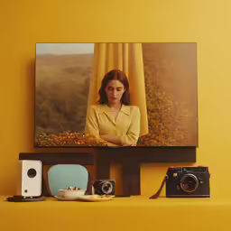 an art work with a woman and several objects on the wall