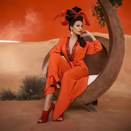a woman in an orange jumpsuit sits on a bench with her hand on her lips