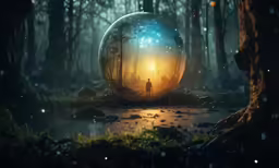 a person standing on a path in a forest with a big ball