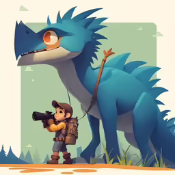 a digital rendering of a boy holding a camera and a blue animal