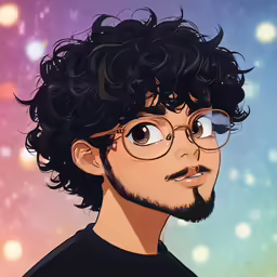 a young man with curly hair and glasses on