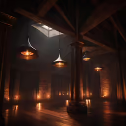a dimly lit building has two clocks on the pillars