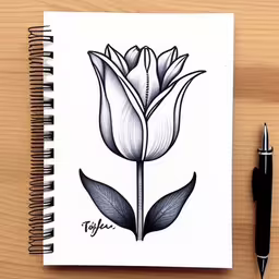 the notebook has a black pen near it and a flower,a drawing of a flower with its petals on a table