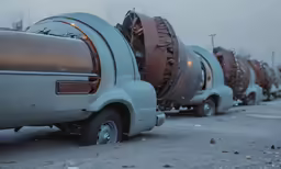 an old truck parked in a row in the snow