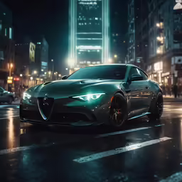 a green car driving down a street at night