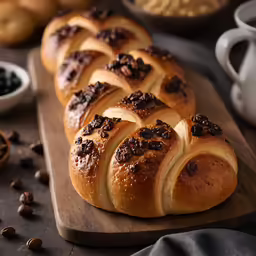 freshly baked bread with chocolate and walnut toppings