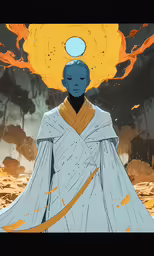 an avatar in a white outfit stands in the sky with fire behind him
