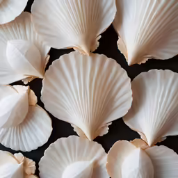 small white shells are arranged on a black background