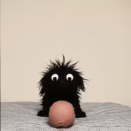 a toy with a hairy nose sits on top of a blanket