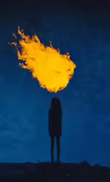 the silhouette of a woman standing next to a bonfire