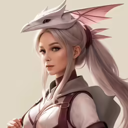 a young woman with grey hair wearing a dragon helmet