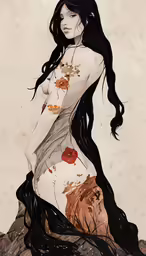 a painting of a girl sitting on top of rocks