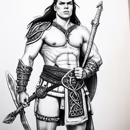 an ink drawing of an warrior is shown