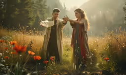 two people standing in a field pointing their fingers