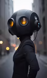 the robot is looking down the street in this surreal photo