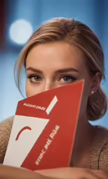 the woman is holding up her new red card with the arrow on it