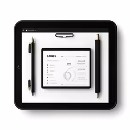 a tablet with an image of a desk and a pen