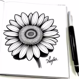 a black and white photo of a sunflower with the words diybri,a drawing of a flower is featured in the book
