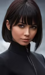 an elegant young model posing with a sleek black makeup and blunt bangs