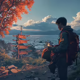 a person walking on a rocky shore with many boats in the background