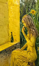 a woman is wearing yellow, sitting outside in front of yellow painted windows