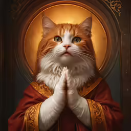 a cat sitting with his hands clasped in front of him
