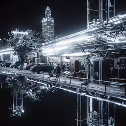 there is a very big building next to a water way